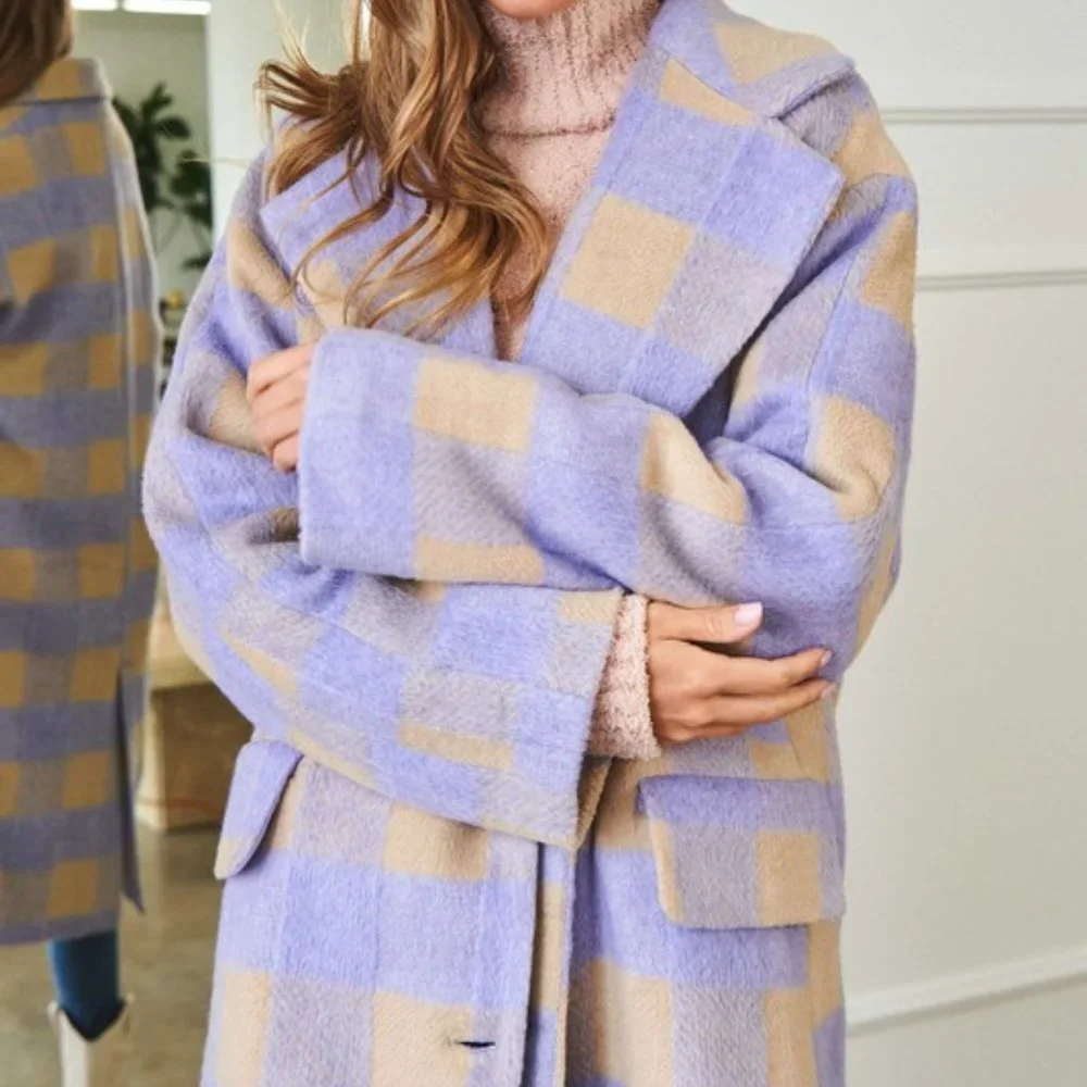 Davi & Dani Lavender Thick Multi Plaid Notched Lapel Lined Button Up Long Coat - Picture 3 of 4